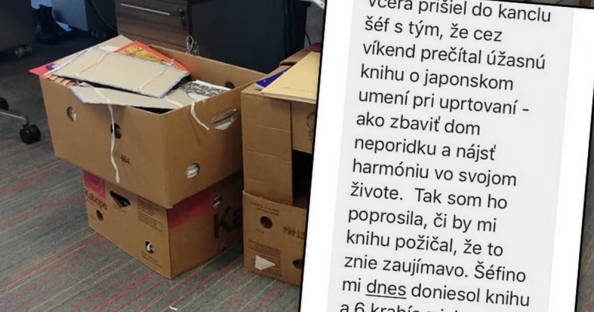 Jej šéf si kúpil knihu o upratovaní. Ďalší deň prišiel a doniesol jej 6 krabíc bordelu